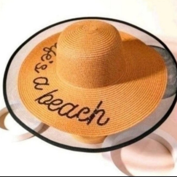 Tan Wide Brim Hat with Black Lettering